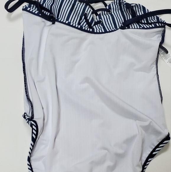 Nautica Navy Blue and White Lace Up Dock Lines One Piece Swimsuit Large - Picture 12 of 13